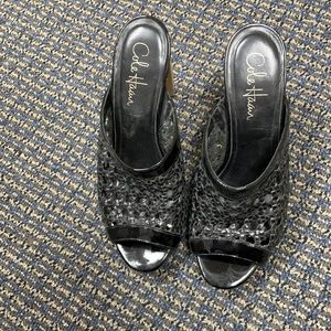 Peep toe open back heels